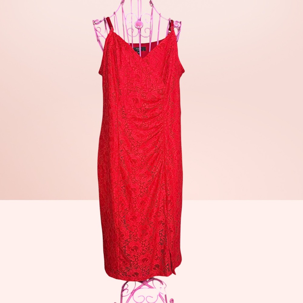 Joanna Hope Red Floral Lace Ruched Midi Sheath Dress Romantic Cocktail Size 14